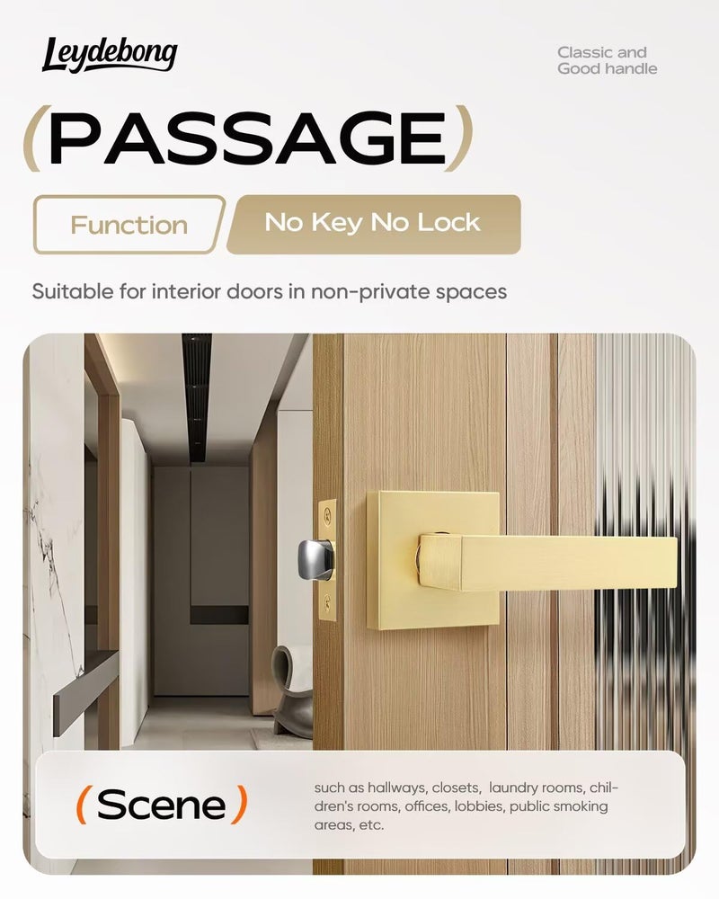 Leydebong 6 Pack Interior Door Handles  Gold Passage Door Knobs  Non-Locking Door Levers  Zinc Alloy Interior Door Knobs for Hallway Closet - Image 2